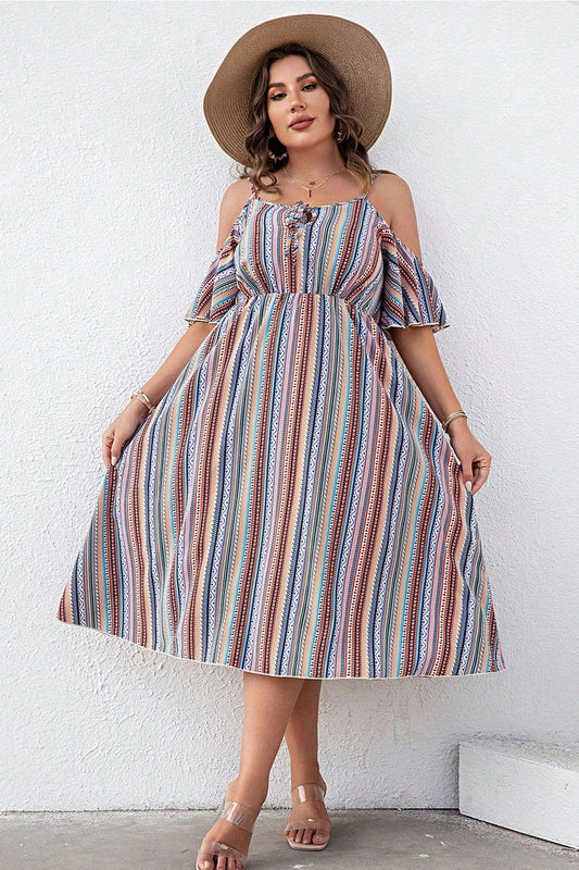 Plus Size Striped Cold-Shoulder Dress - Enfance-Heureuse