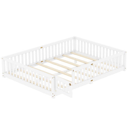 Queen Size Bed Floor Bed With Safety Guardrails And Door For Kids, White - Enfance-Heureuse