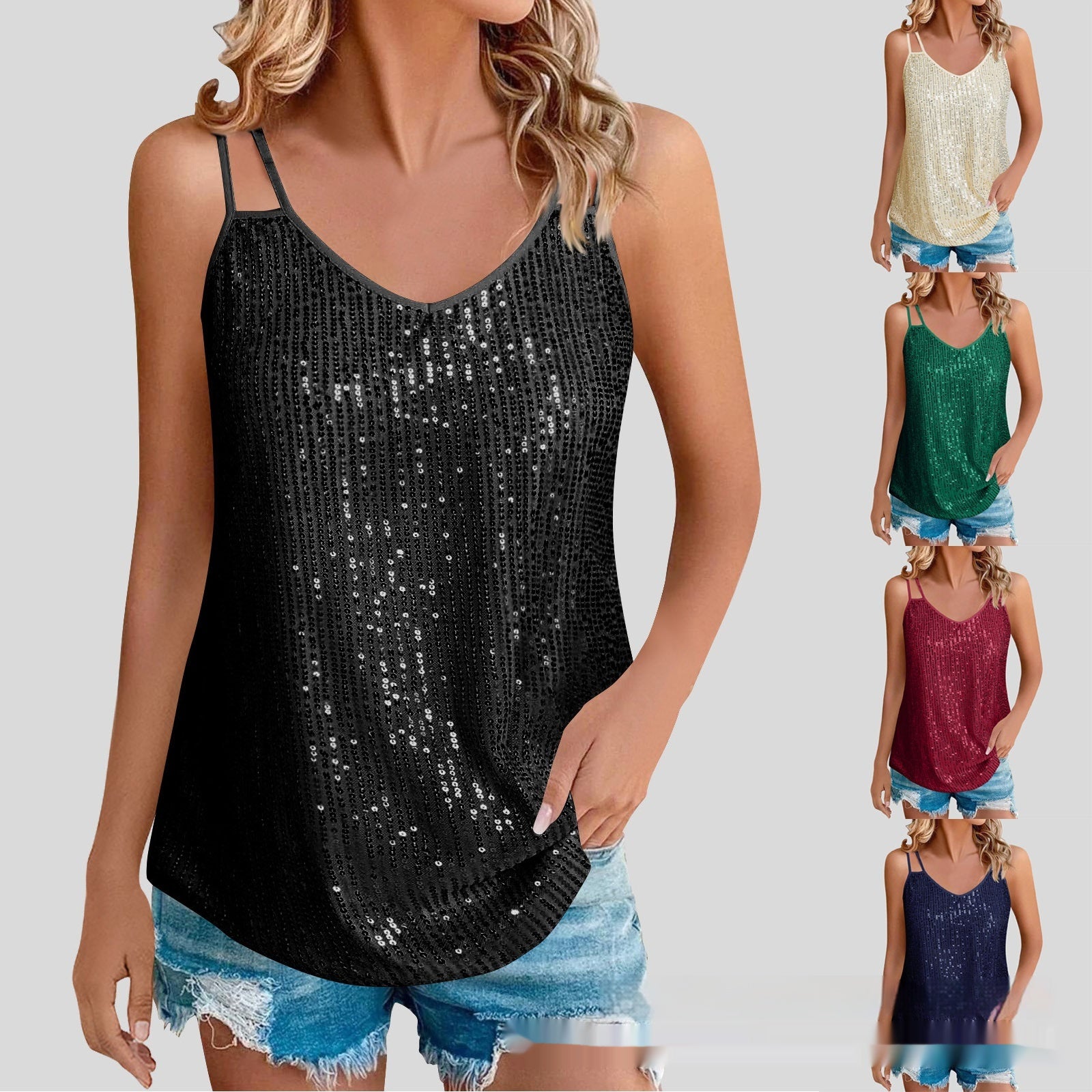 Hot Girl Vest Sequins V-neck Strap - Enfance-Heureuse