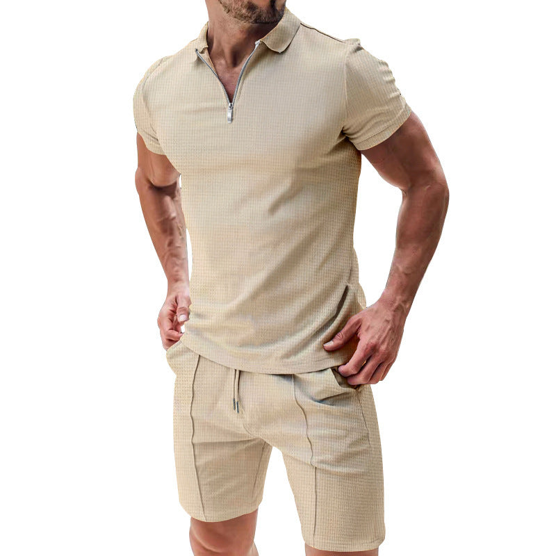 2Pcs Casual Waffle Suit Summer Zipper Lapel Short-sleeved Top And Drawstring Pockets Shorts Versatile Solid Color T-shirt Set For Mens Clothing - Enfance-Heureuse