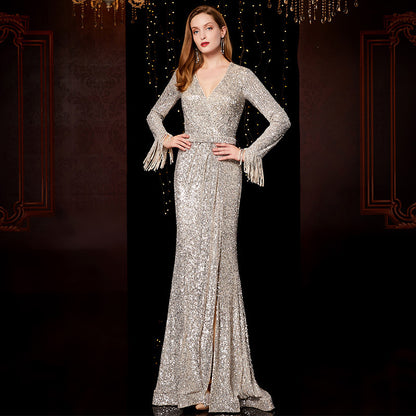 Temperament Banquet Ladies Sequined Annual Meeting Host Long Evening Dress - Enfance-Heureuse