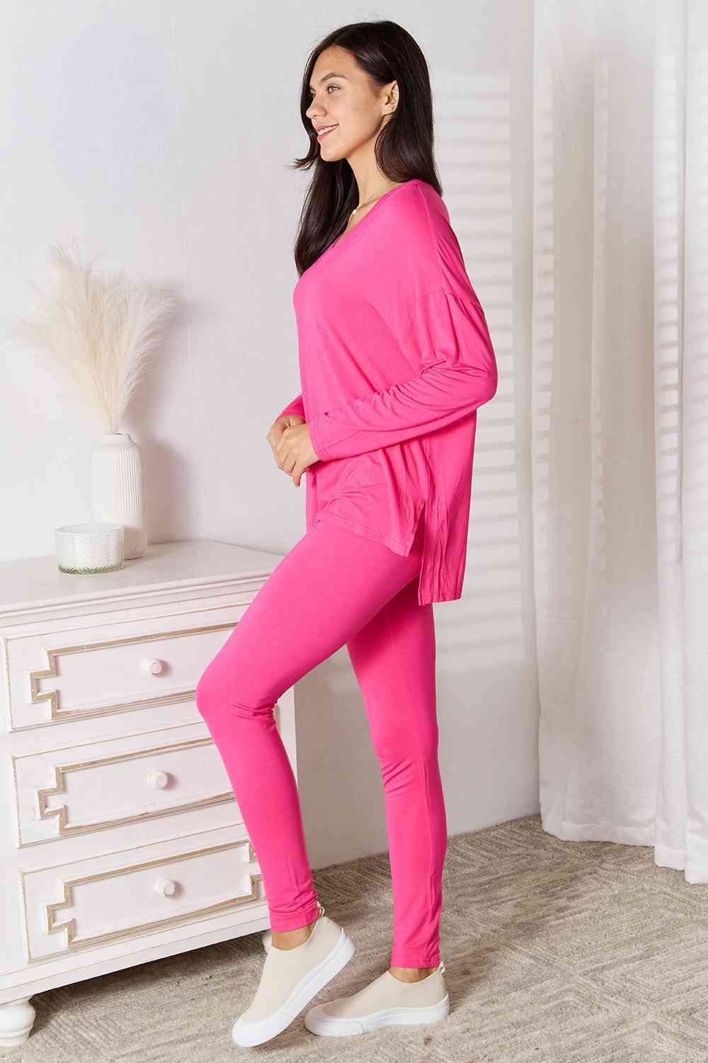 Basic Bae Full Size V-Neck Soft Rayon Long Sleeve Top and Pants Lounge Set - Enfance-Heureuse