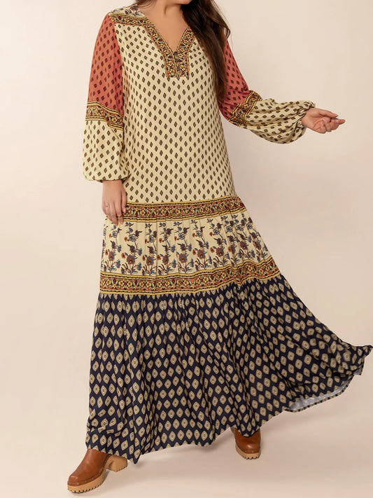 Printed V-Neck Balloon Sleeve Maxi Dress - Enfance-Heureuse