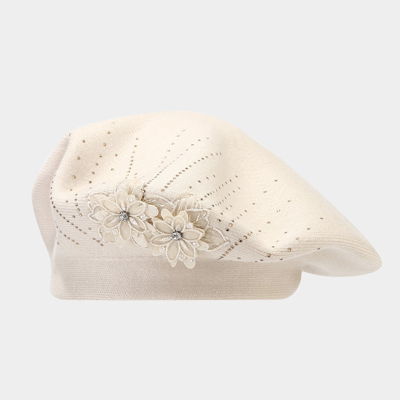 British Retro Beret Women's Fashion Flower Rhinestone Knitted Painting