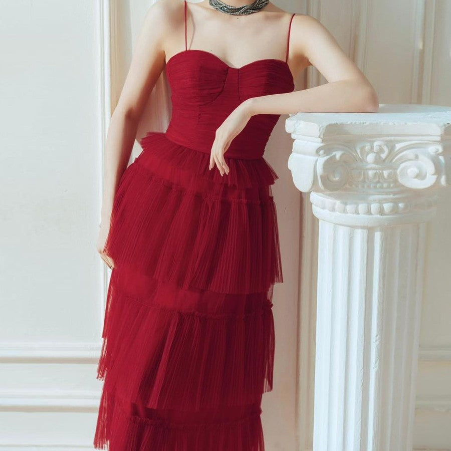 Suspender Spread Chest Temperament Dark Red Flowing Small Dress Long Skirt - Enfance-Heureuse