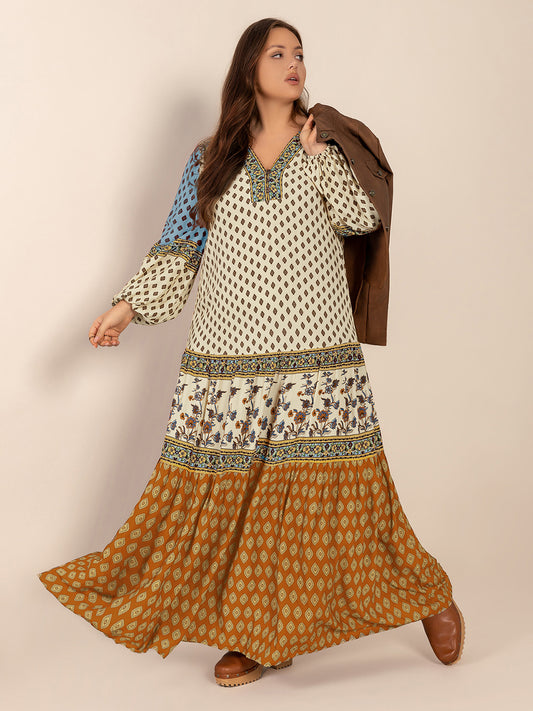 Plus Size Printed V-Neck Balloon Sleeve Maxi Dress - Enfance-Heureuse