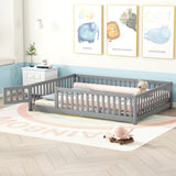 Full Size Bed Floor Bed With Safety Guardrails And Door For Kids, Gray - Enfance-Heureuse