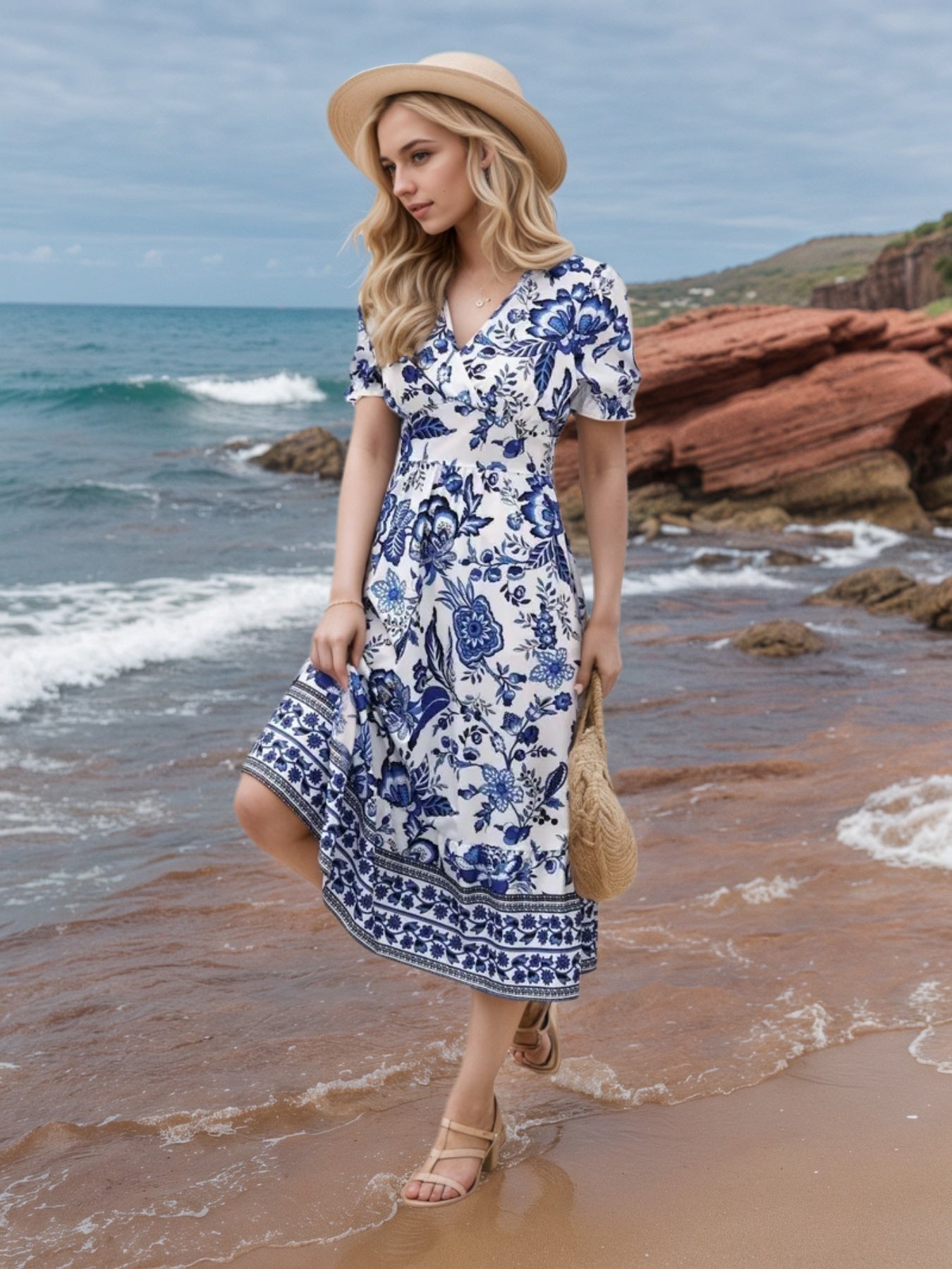 2025 New Women's Floral Print V-neck Dress, Floral Dress, Suitable For Vacation, Women's Dress