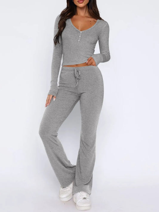 V-Neck Long Sleeve Top and Pants Set - Enfance-Heureuse