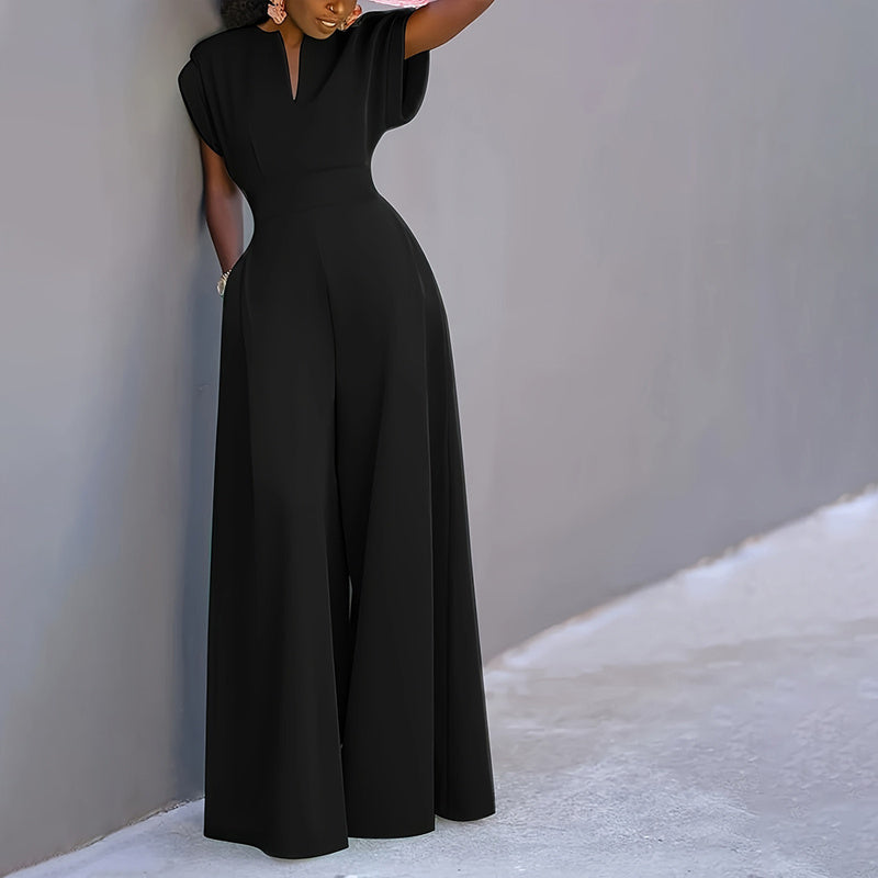 Women's V-Neck Solid Color Short Sleeve Jumpsuit Wide Leg A-Line Waist Tied Casual Summer Outfit - Enfance-Heureuse