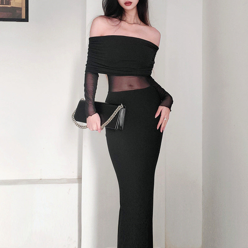 Women's Winter Sexy Off-the-shoulder Pleated Long Sleeve Polyester Dress - Enfance-Heureuse