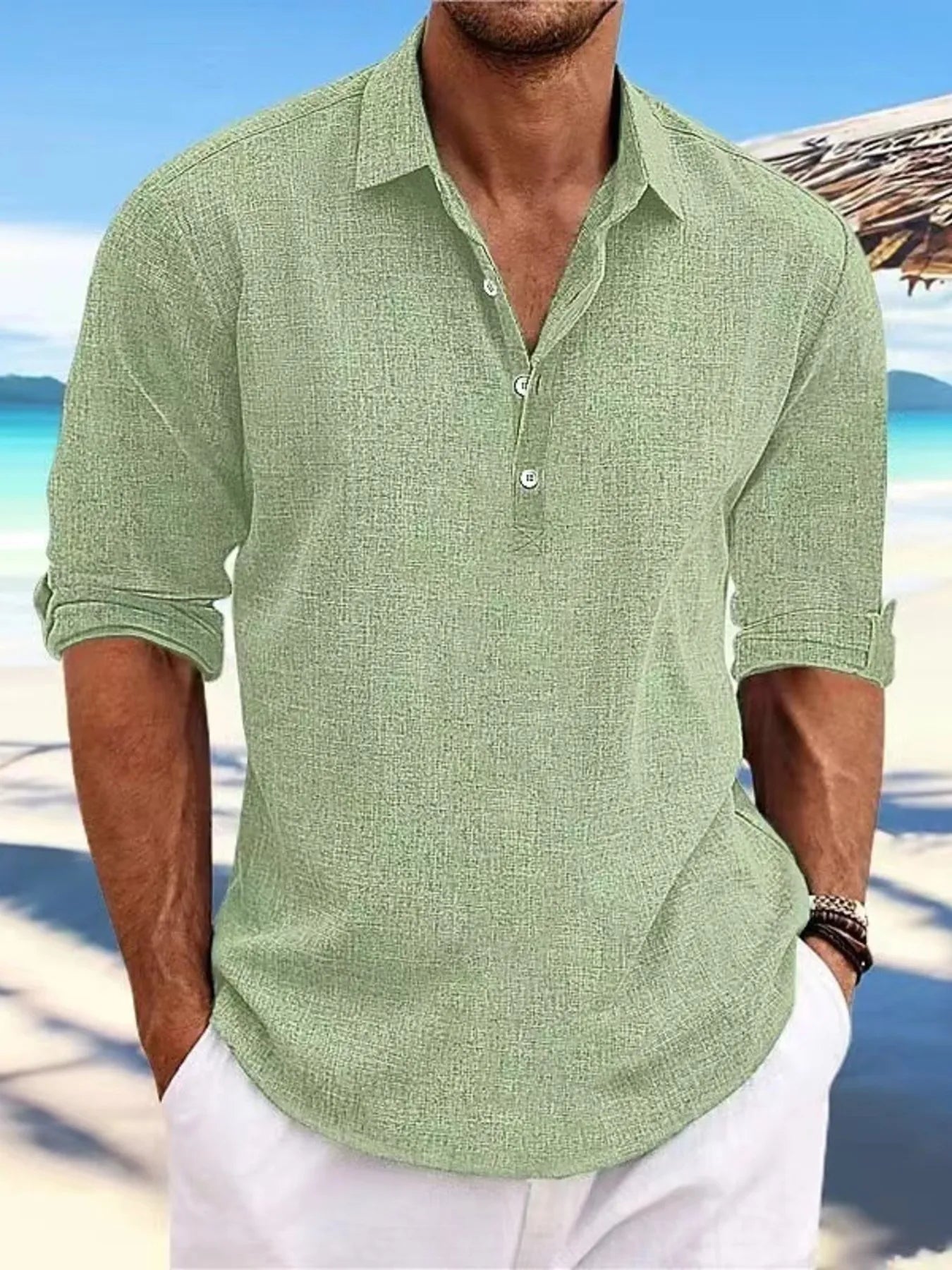 Men's Full Size Casual Linen Long Sleeve Polo Shirt Plus Size - Enfance-Heureuse