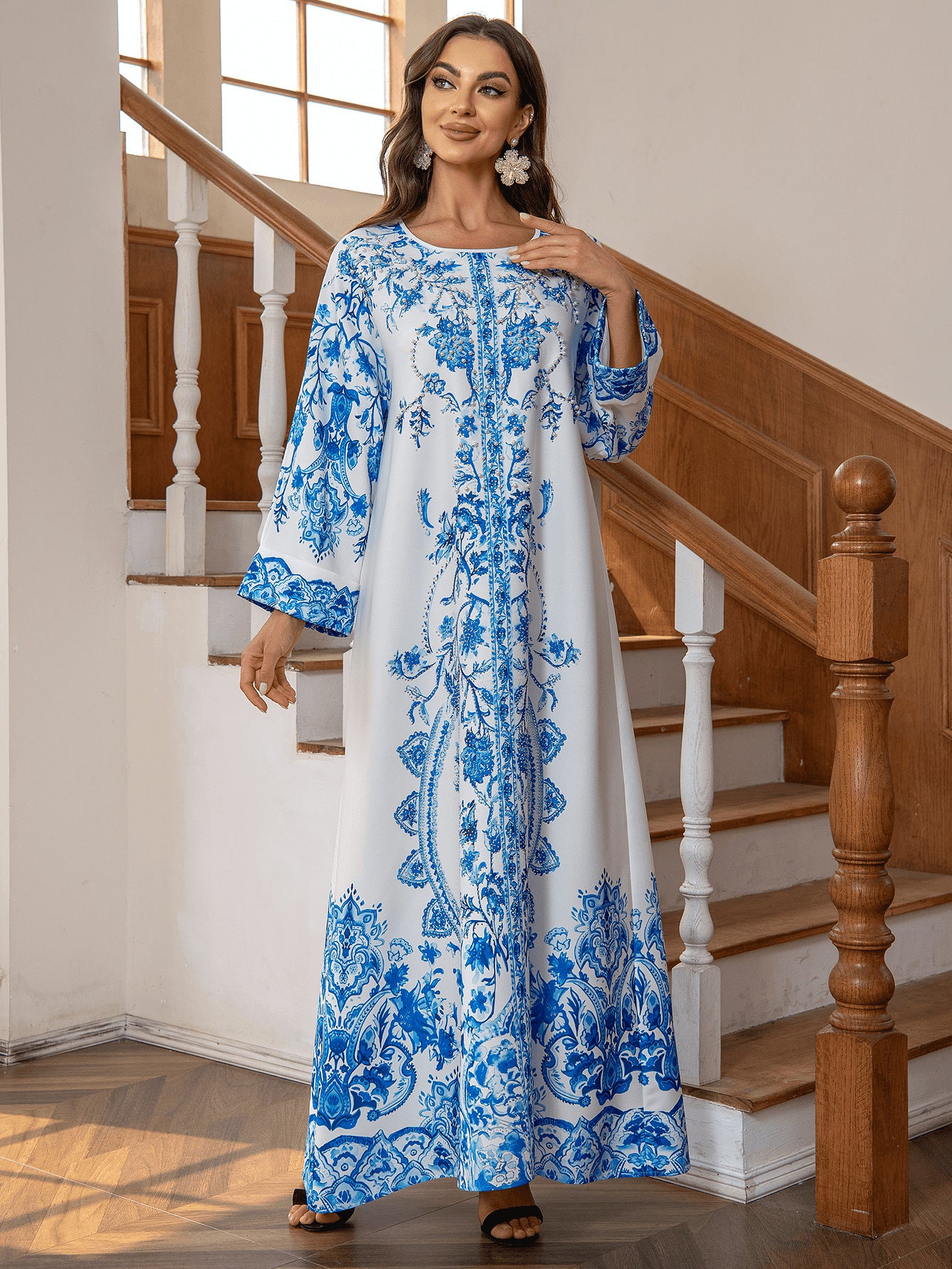 Muslim Robe Diamond Studded Bead Round Neck Dress - Enfance-Heureuse