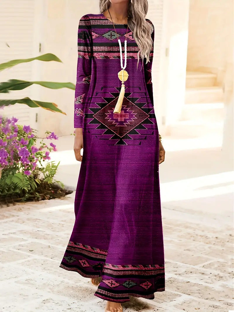 European And American Long Sleeve Artistic Retro Geometric Printed Round Neck Pullover Dress - Enfance-Heureuse