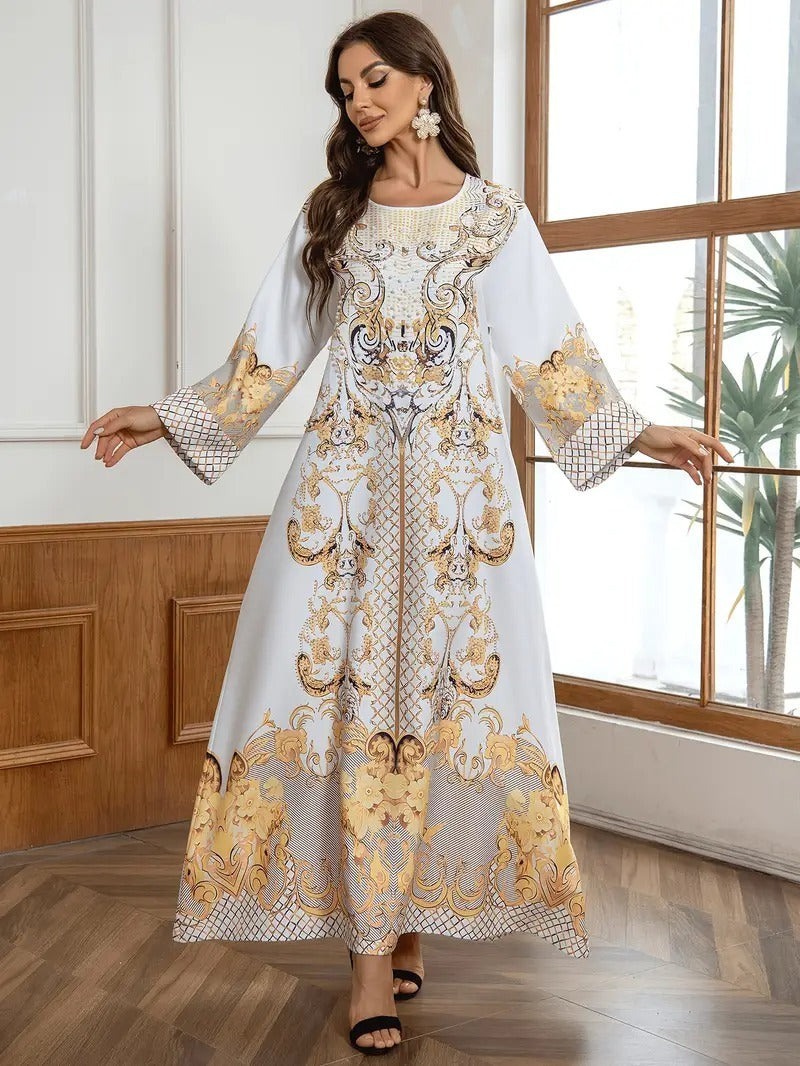 Ladies' Round Neck Rhinestone Decorative Print Long Abayalian Dress - Enfance-Heureuse