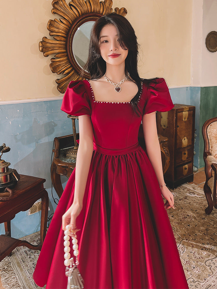 Winter Wine Red Engagement Daily French Princess On The Run Satin Dress - Enfance-Heureuse