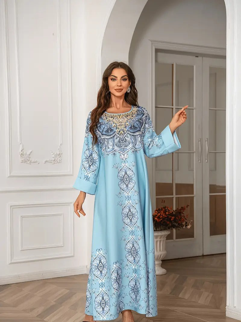 Printed Lace Detail Abaya Long Sleeved Extra Long Dress - Enfance-Heureuse