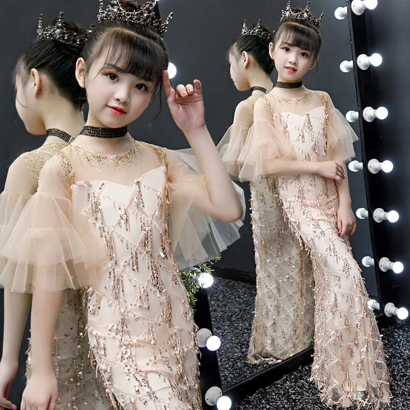 Children's Evening Model Catwalk Princess Dress Trailing Girl Little Host Fishtail Little Girl High-end Costumes - Enfance-Heureuse