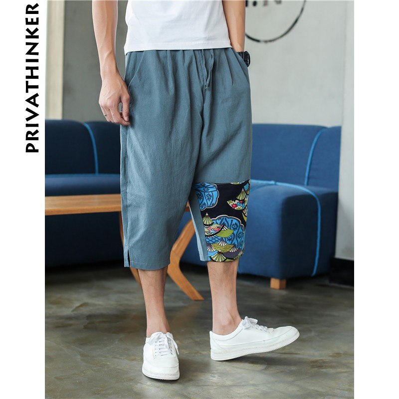 Sinicism Shop Mens Cotton Linen Harem Pants Male Casual Red Bottom Calf-Length Pants Man Summer Harajuku Baggy Loose Pants - Enfance-Heureuse
