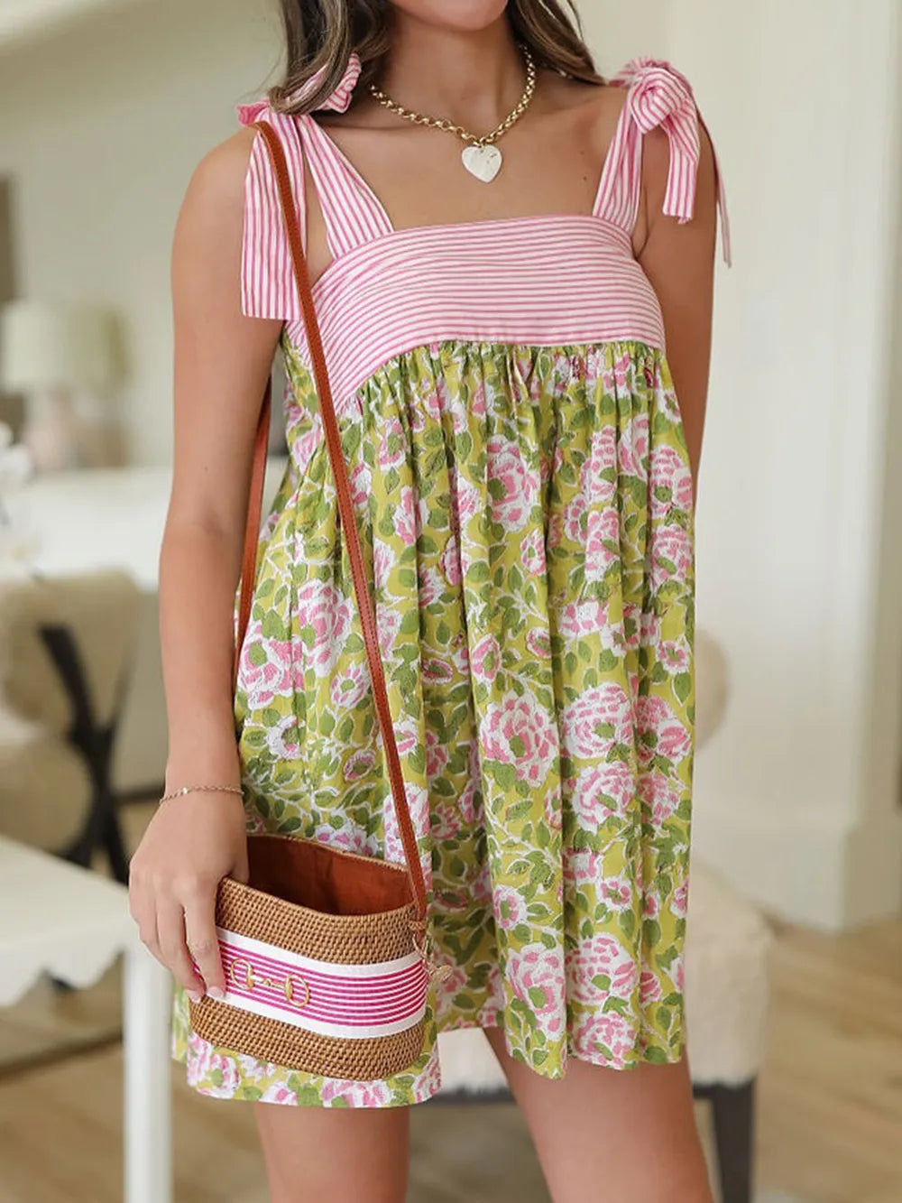 Printed Tie Shoulder Mini Cami Dress - Enfance-Heureuse