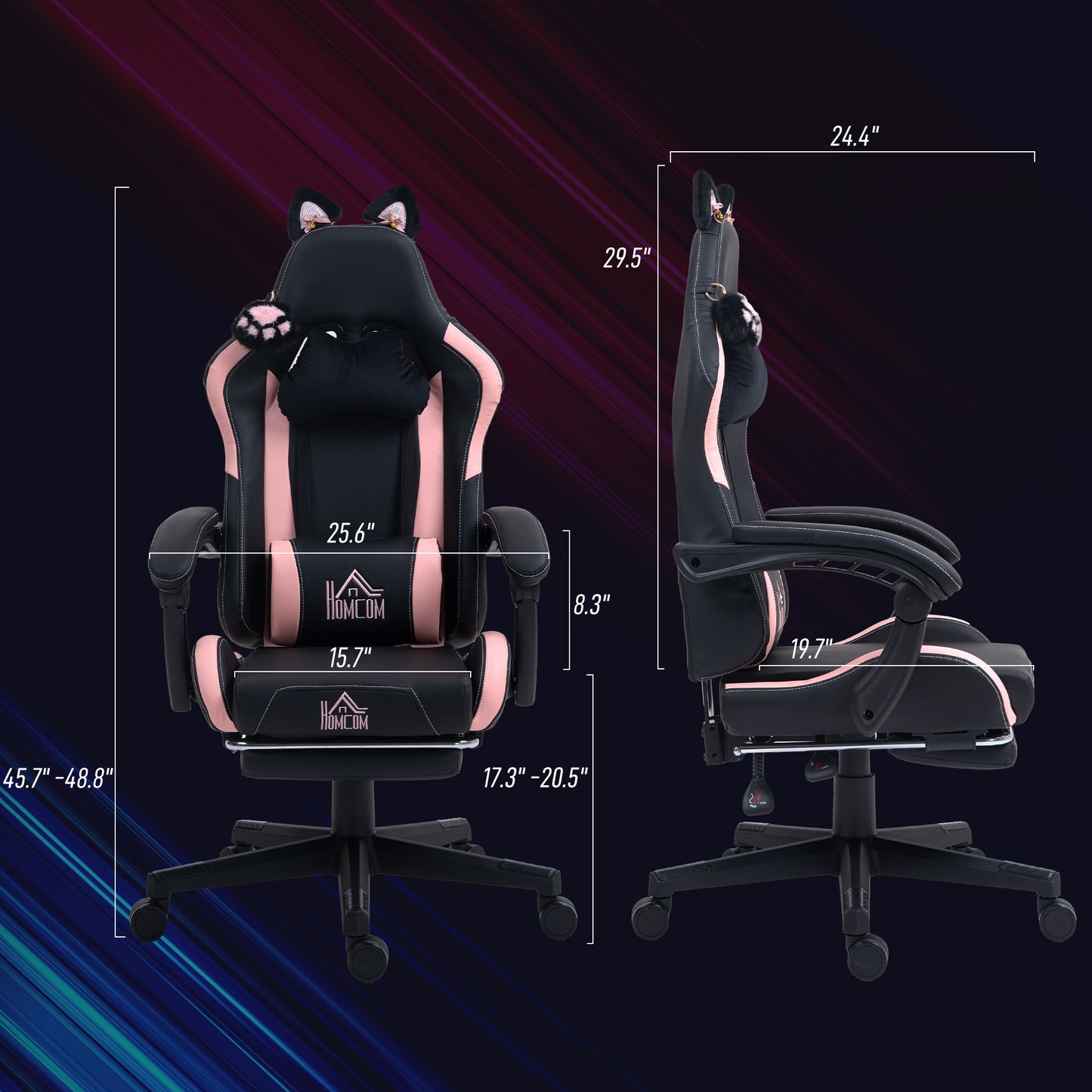 Bonita silla gamer de carreras, de piel sintética, con reposapiés, reposacabezas y soporte lumbar, color negro.