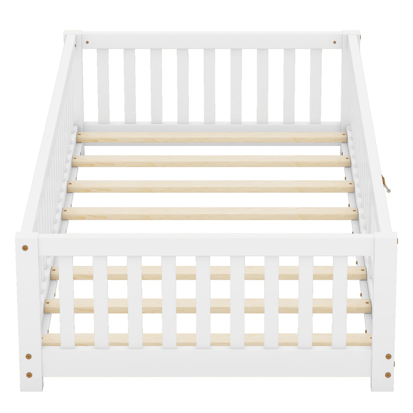Twin Size Bed Floor Bed With Safety Guardrails And Door For Kids, White - Enfance-Heureuse