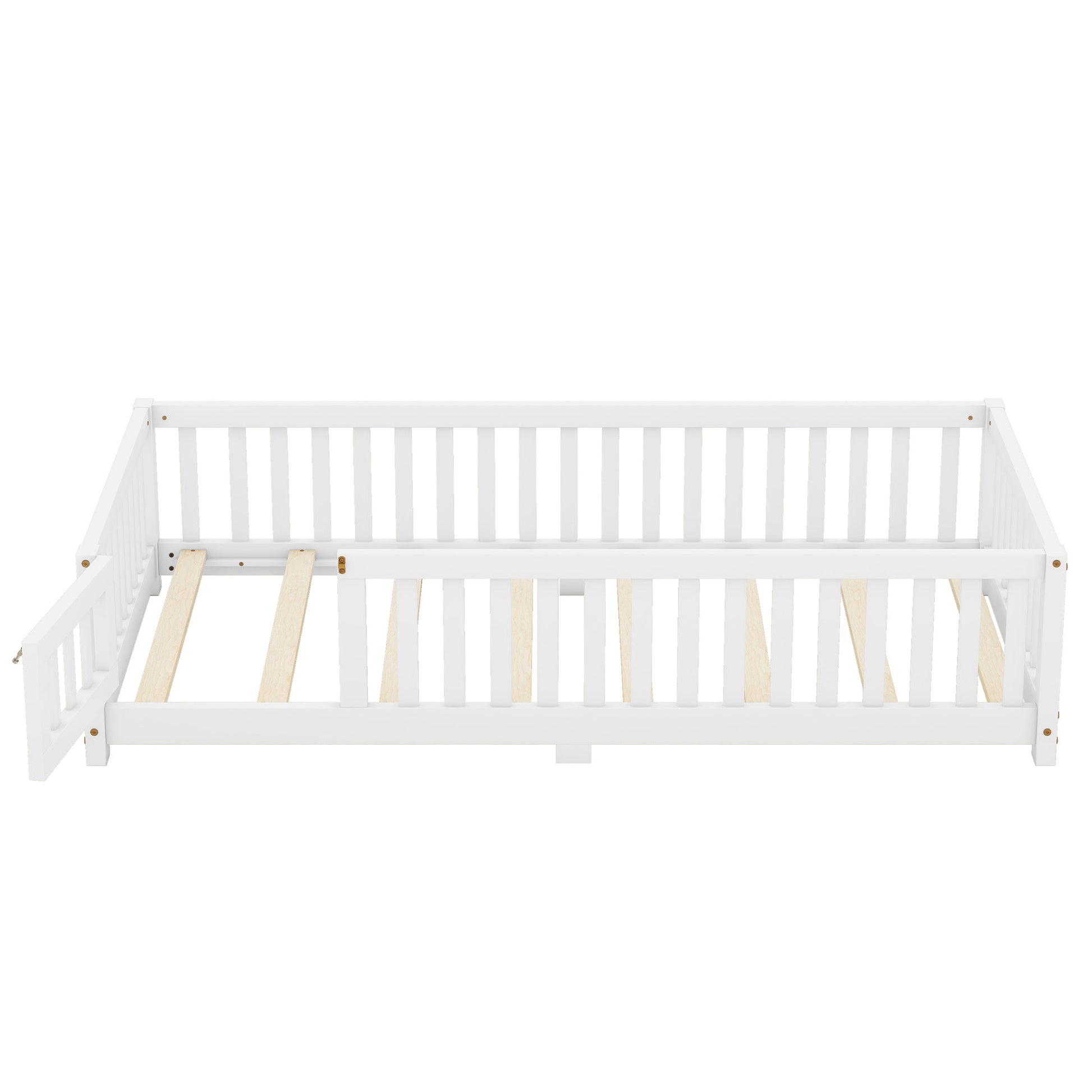 Twin Size Bed Floor Bed With Safety Guardrails And Door For Kids, White - Enfance-Heureuse