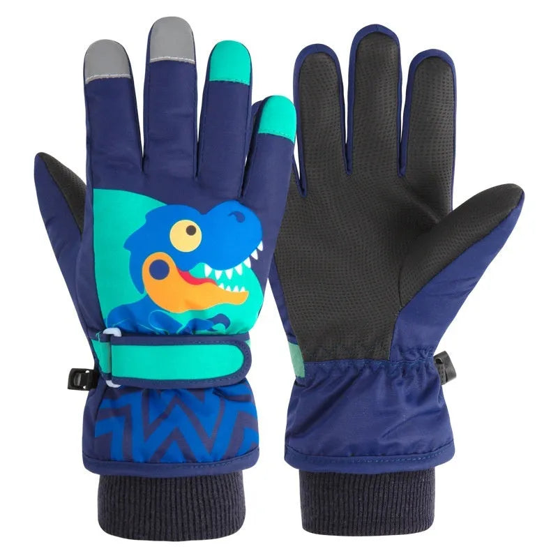 Children's Ski Windproof Warm Velvet Padded Thickened Little Dinosaur Gloves - Enfance-Heureuse