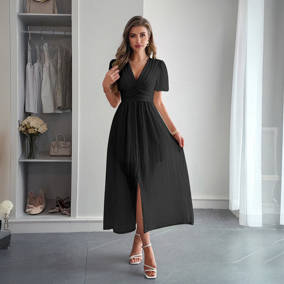 Elegant Vacation Style Deep V Short Sleeve Maxi Dress - Enfance-Heureuse