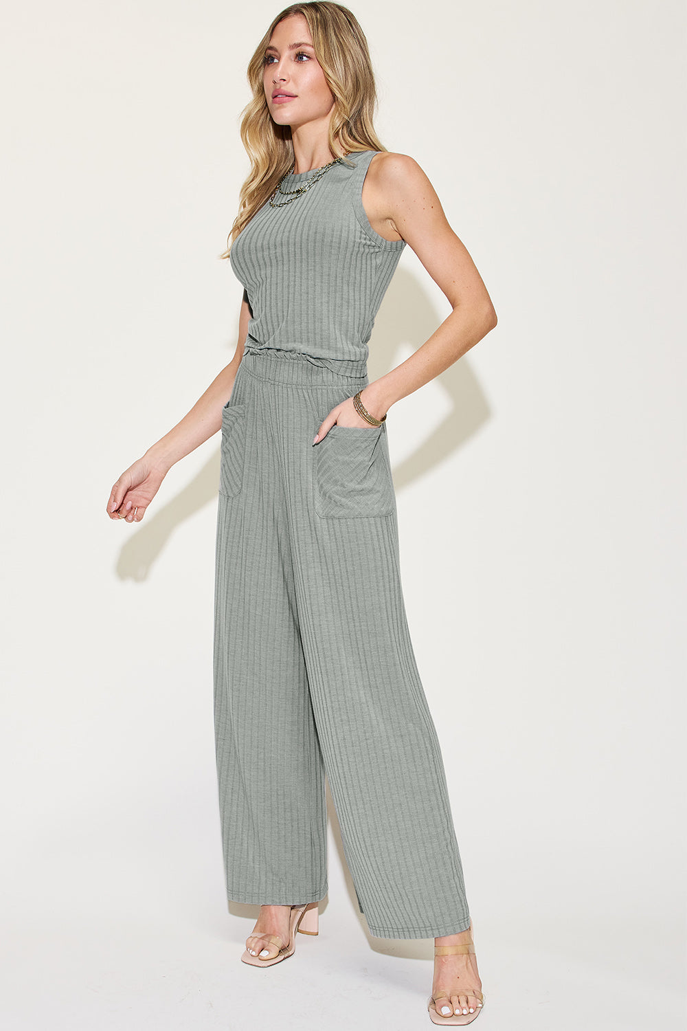 Basic Bae Full Size Ribbed Tank and Wide Leg Pants Set - Enfance-Heureuse