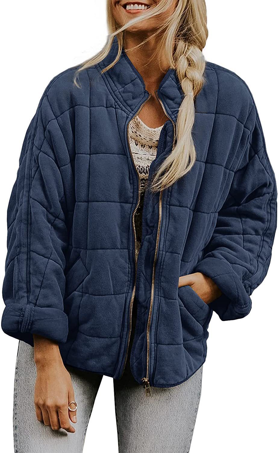 Winter Zip-up Stand Collar Coat With Pockets Fashion Solid Color Plaid Long Sleeved Jacket Women's Clothing - Enfance-Heureuse