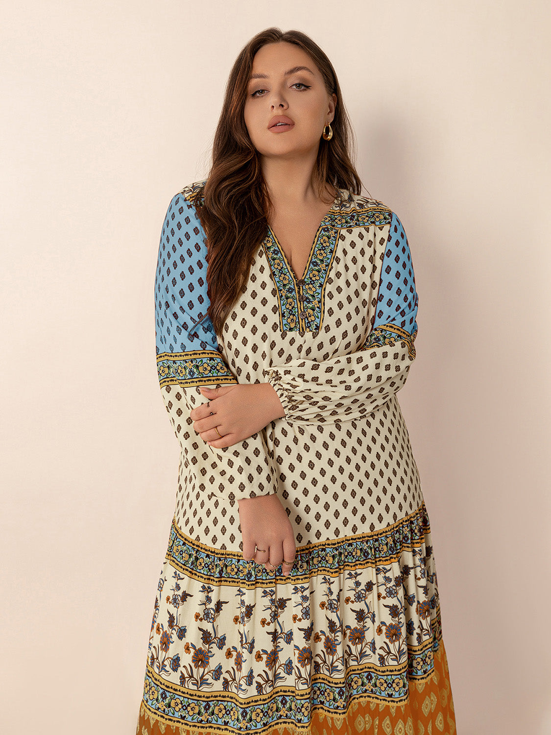 Robe longue imprimée grande taille à col en V et manches ballon