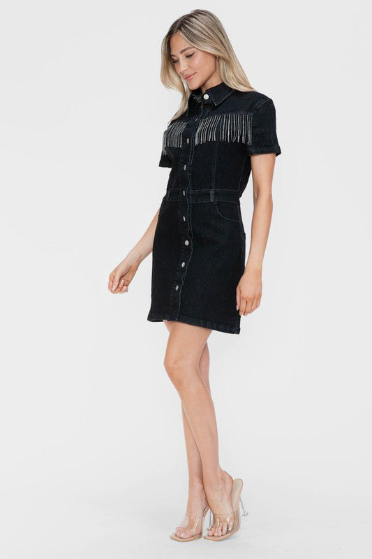 bytos Full Size Embellished Button Down Short Sleeve Denim Dress - Enfance-Heureuse