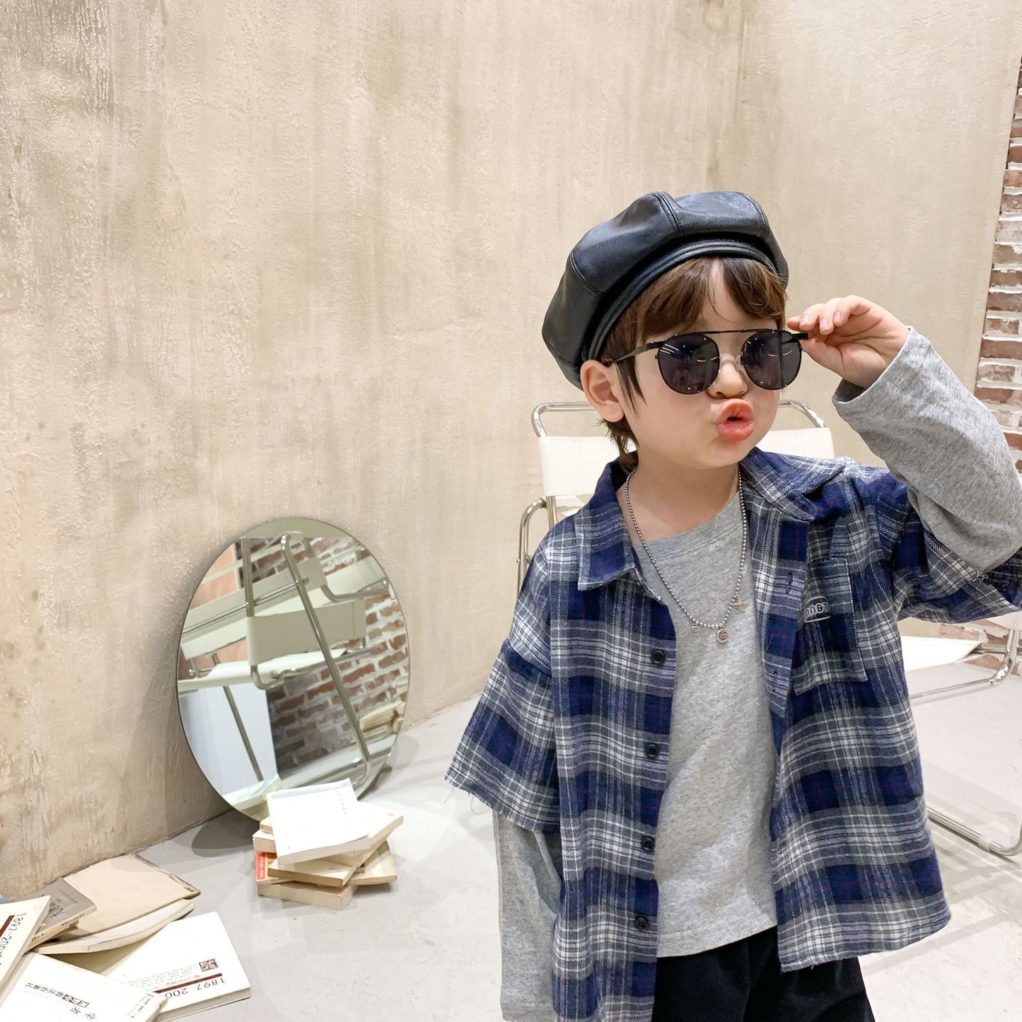 Boys plaid shirt stitching t-shirt - Enfance-Heureuse
