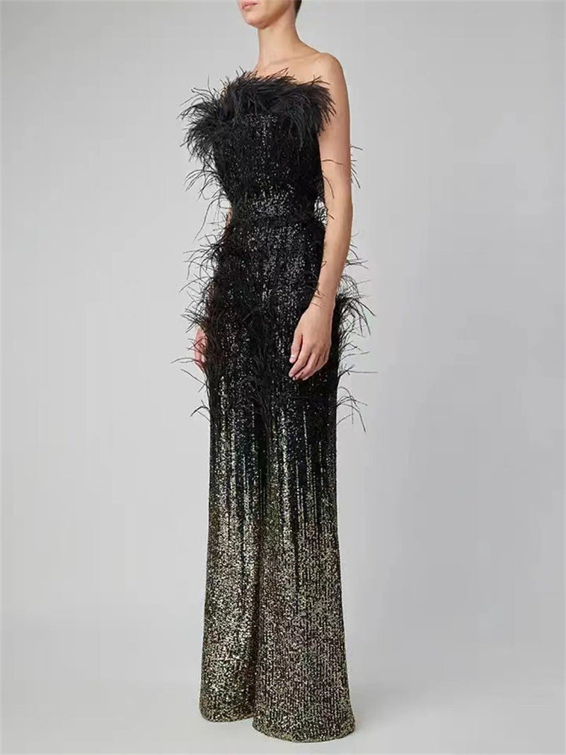 Ostrich Feather Gradient Sequin Tube Top Jumpsuit - Enfance-Heureuse