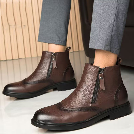 High-top Leather Shoes Height Increasing Shoes 46 Brogue Trendy Ankle Boots - Enfance-Heureuse