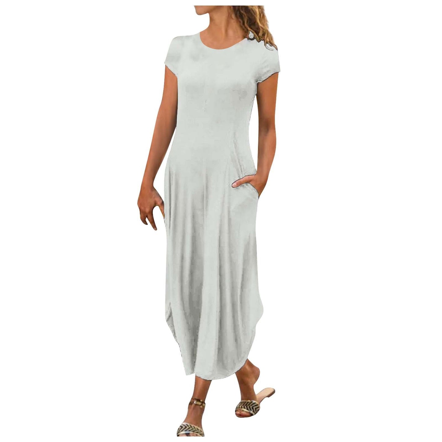 Pullover Short Sleeve Round Neck Mid Waist Solid Color Dress - Enfance-Heureuse