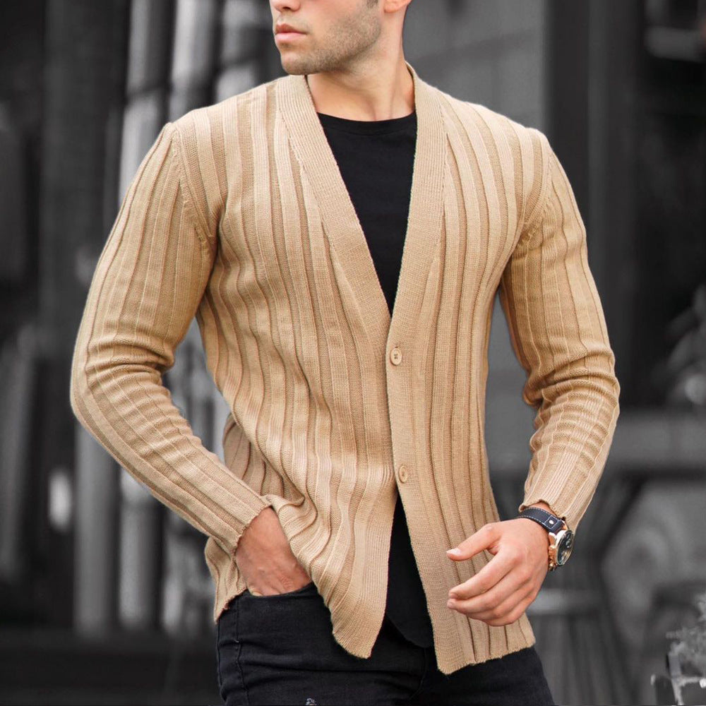 European And American Men's Solid Color Cardigan Pit Strip Casual Slim Sweater Knit Sweater - Enfance-Heureuse