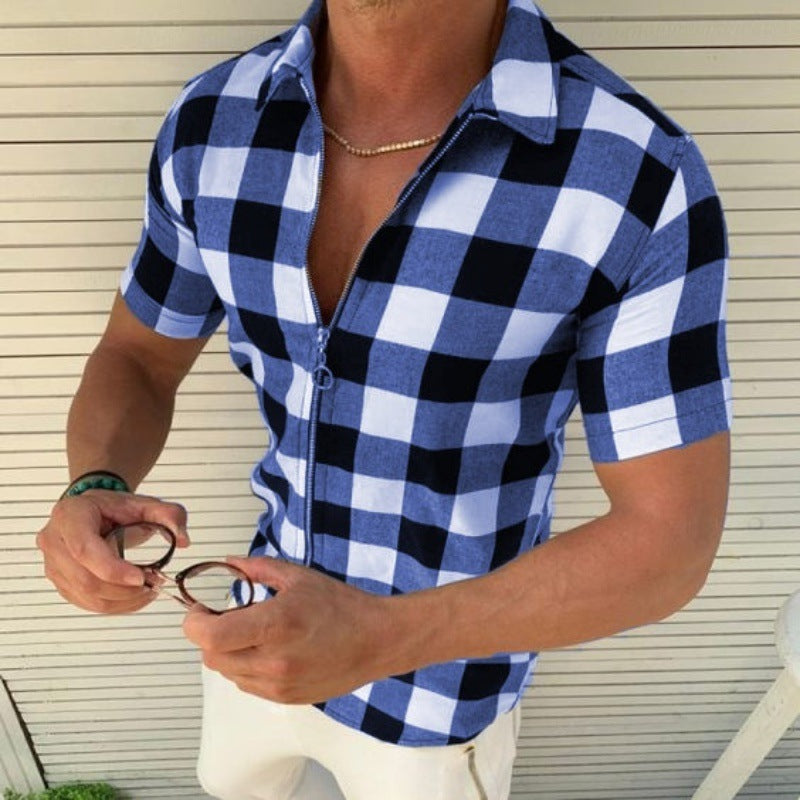 Plaid T Shirt Mens Zipper Short Sleeve Shirts Summer Men Clothing - Enfance-Heureuse
