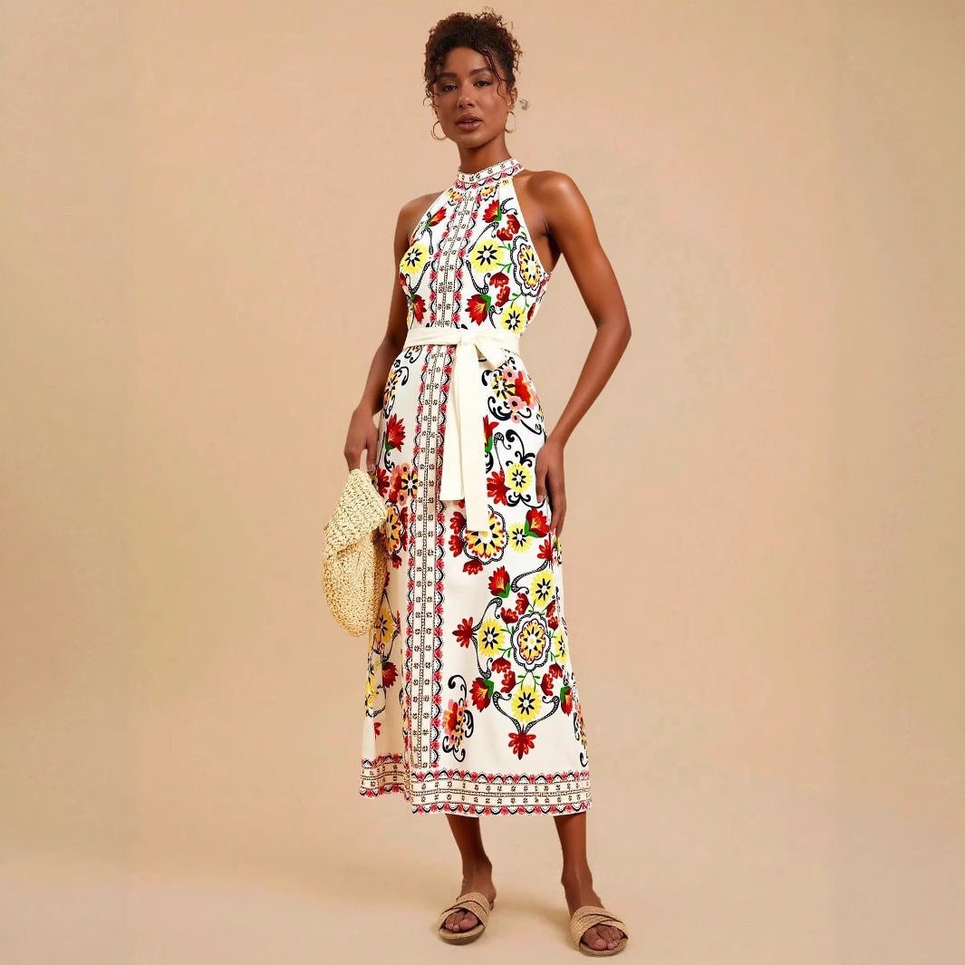 Women's Floral Print Lace-up Sleeveless Mid-length Dress - Enfance-Heureuse