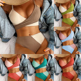 Bikini de patchwork para mujer, traje de baño acanalado con nudo en la espalda, ropa de playa con fruncido en el trasero