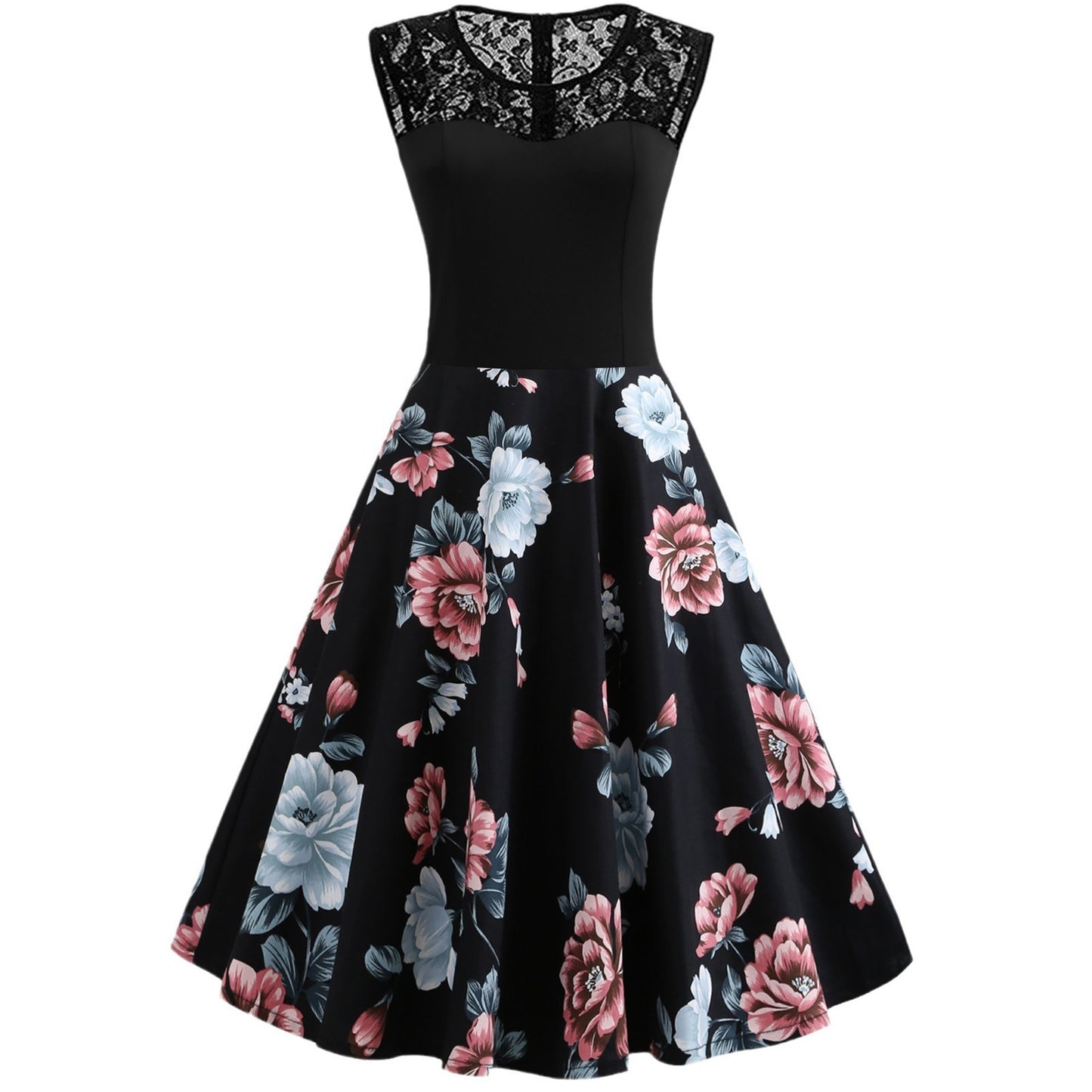 Lace Stitching Sleeveless Hot-selling Floral-print Retro Dress - Enfance-Heureuse