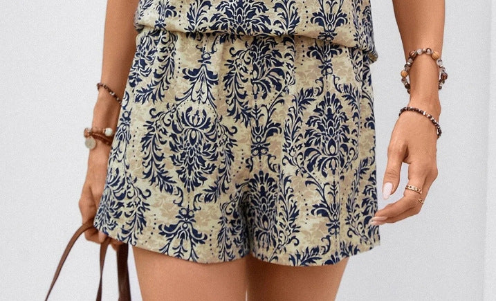 Loose Printed Casual Suit V-neck Short Sleeve Top Elastic Waist Shorts - Enfance-Heureuse