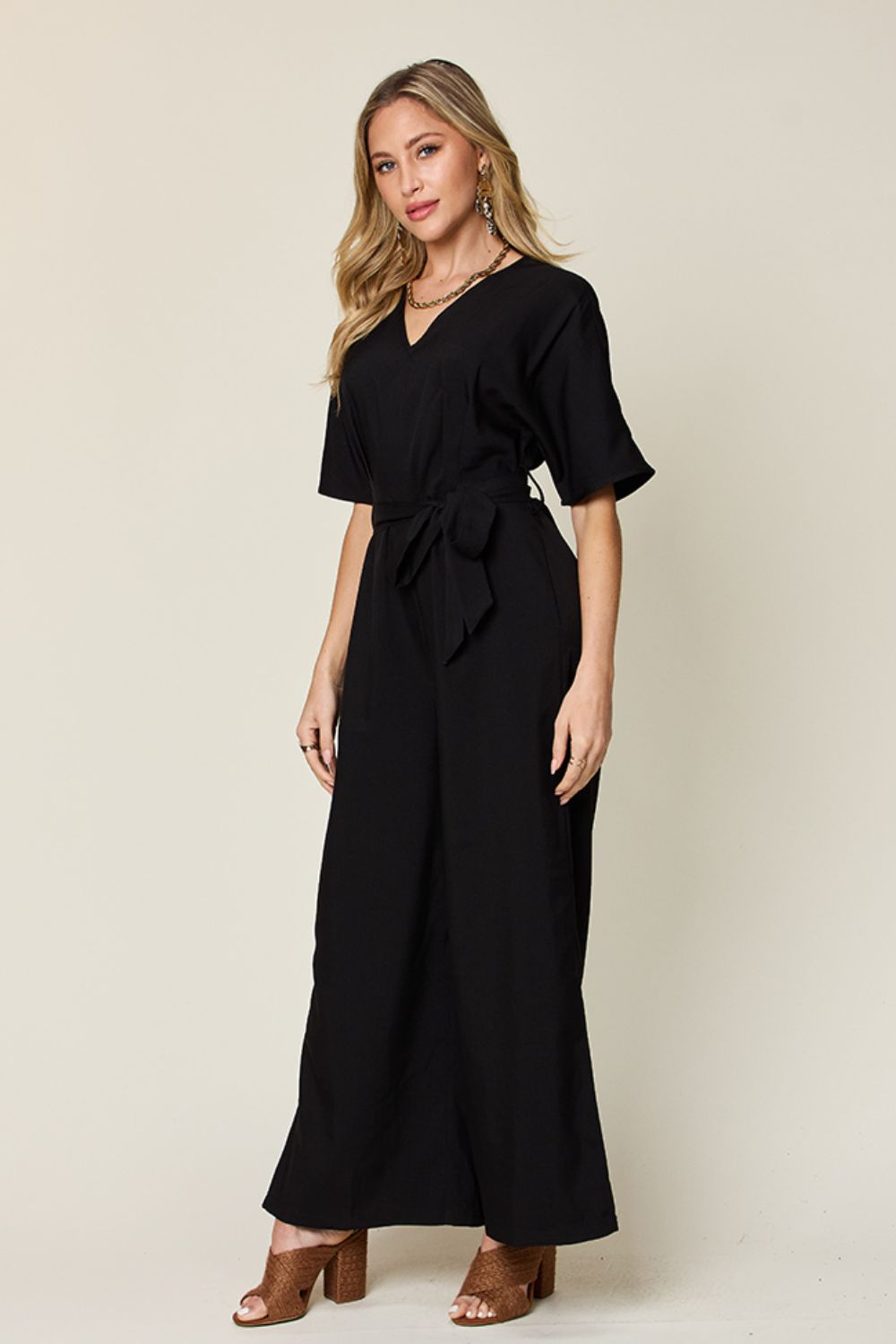 Double Take Full Size V-Neck Tied Side Slit Jumpsuit - Enfance-Heureuse