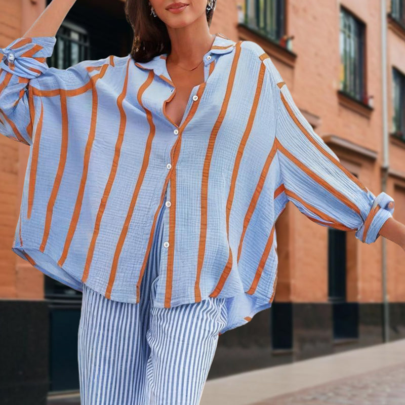 Women's Casual Striped Button-Down Shirt With Drop Sleeves Comfortable Loose-Fit Long Sleeve Top For Spring & Fall - Enfance-Heureuse