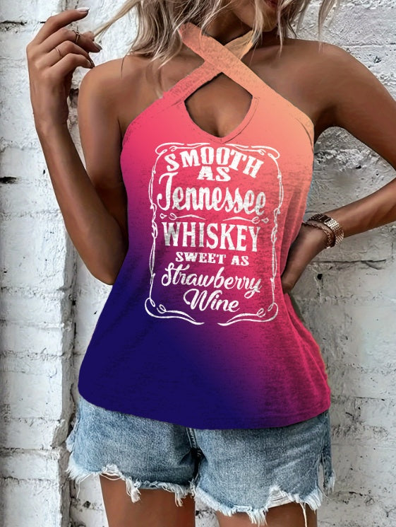 Ladies' Hollowed Out Hanging Neck Cross Printed Casual Camisole Vest - Enfance-Heureuse