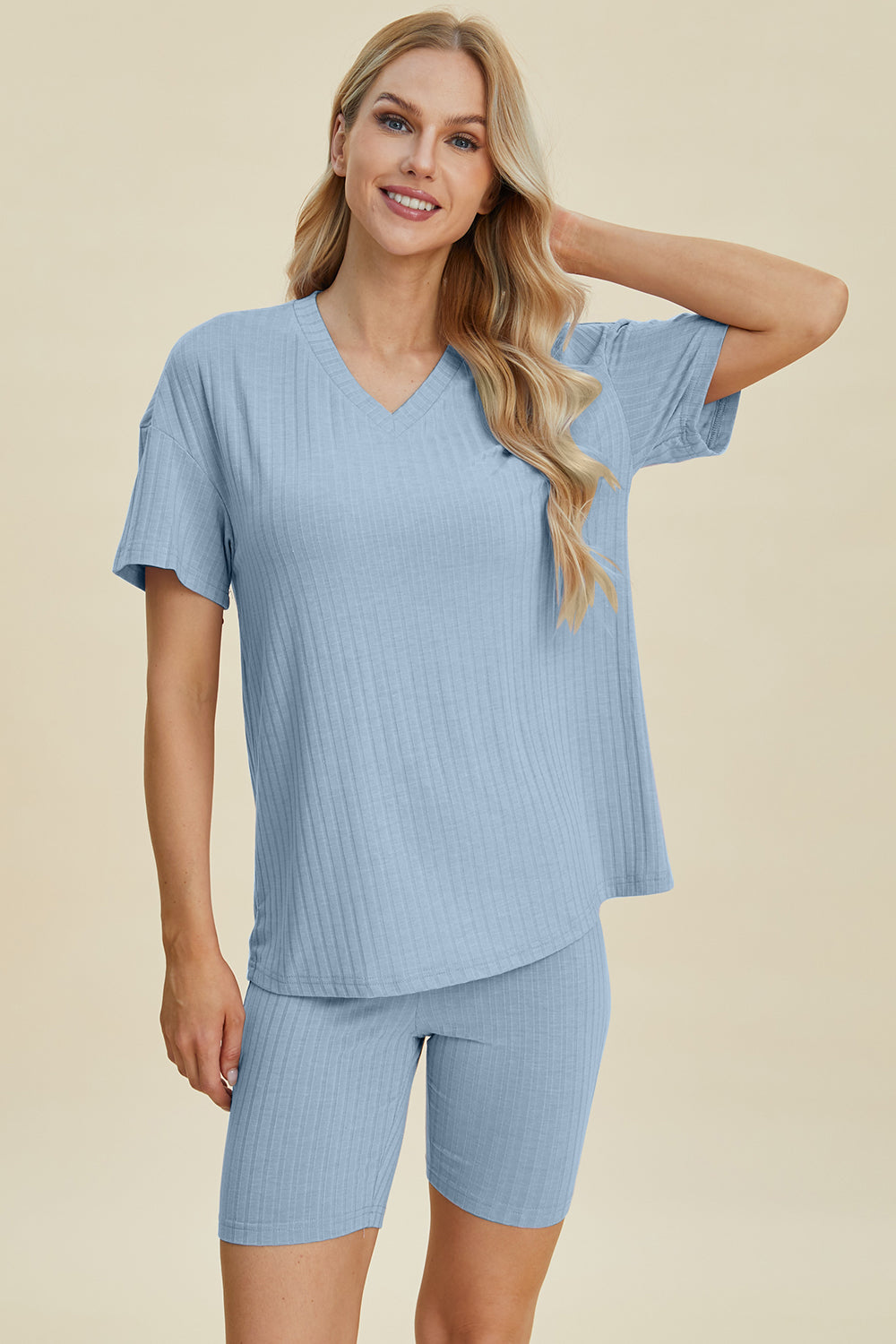 Basic Bae Full Size Ribbed V-Neck Short Sleeve Top and Shorts Set - Enfance-Heureuse