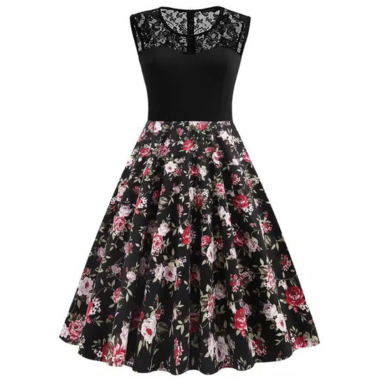 Lace Stitching Sleeveless Hot-selling Floral-print Retro Dress - Enfance-Heureuse