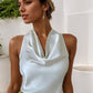 Women Solid Color Swing Collar Sleeveless Vest Trendy Elegant Shirt With Halter Neckline Backless Short Sleeve Tops Tshirts - Enfance-Heureuse