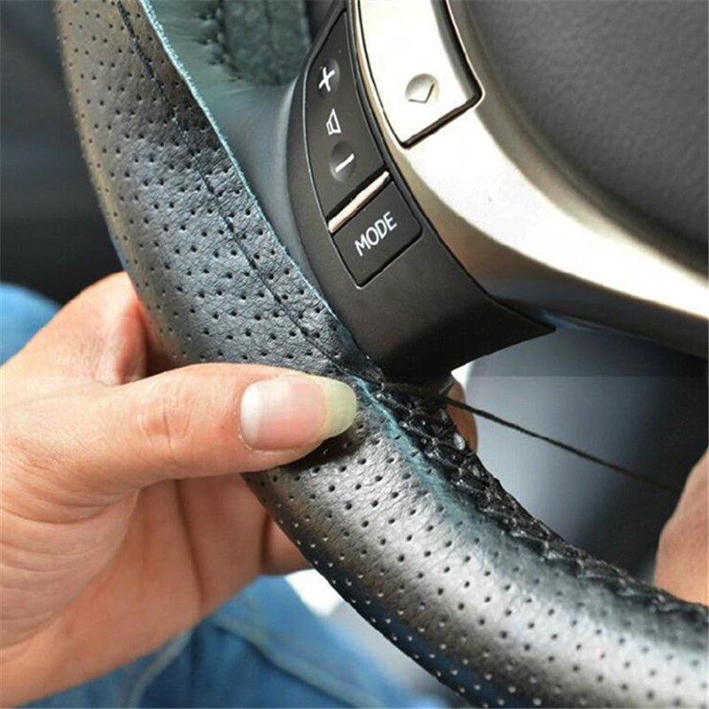 Genuine Leather DIY Car Steering Wheel Cover Anti-slip For Cm Black US - Enfance-Heureuse
